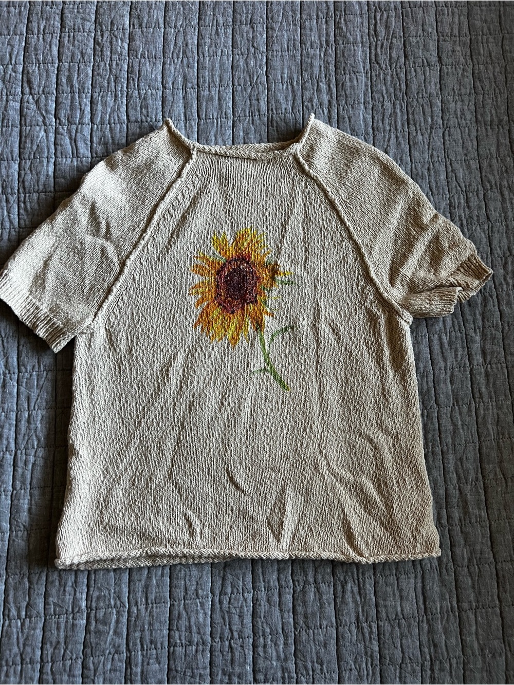 Pilcro Cream Knit Short-Sleeve Top with Sunflower Motif
